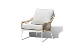 MR1002106 кресло плетеное из роупа, каркас алюминий белый, роуп соломенный, ткань белая